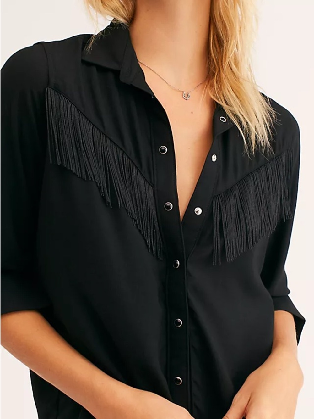 Idyllwind Black Short-Sleeve Fringe Button-Down Shirt